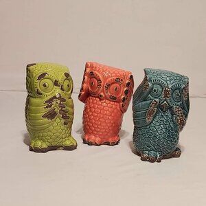 Group of Three Destressed Little Owl's Orange Blue & Green 61/2" Tall